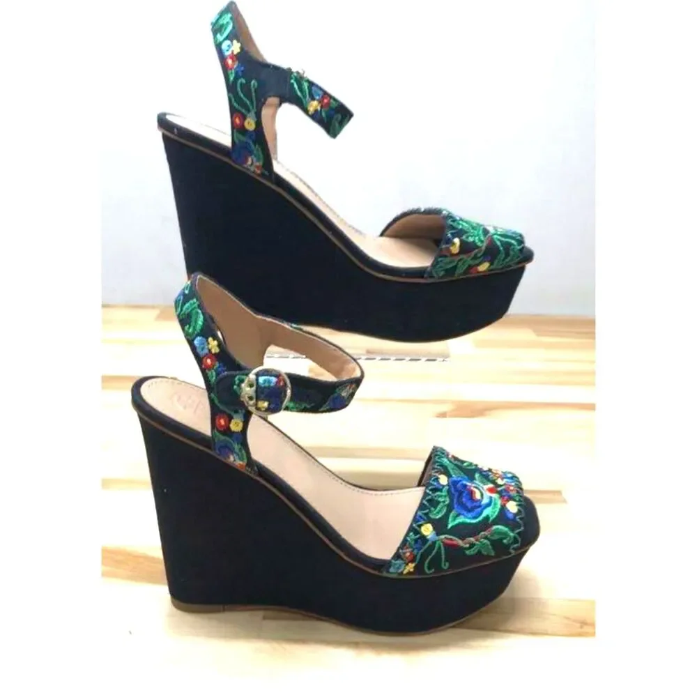 Tory Burch Sonoma Embroidered Floral Canvas Platform Wedge Sandals Ankle Strap